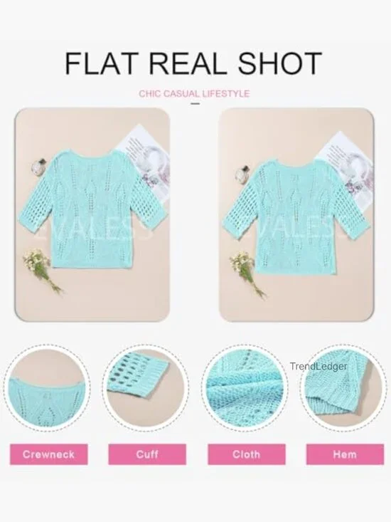 Crochet Hollow Out Pullover Sweater 3/4 Sleeve Beach Cover Up - Picture 5 of 7